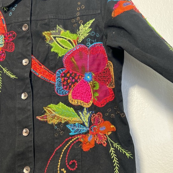 LAURA ASHLEY Black Denim Floral Embroidered Colorful Sz M Artsy Boho Art Teacher - Picture 4 of 8